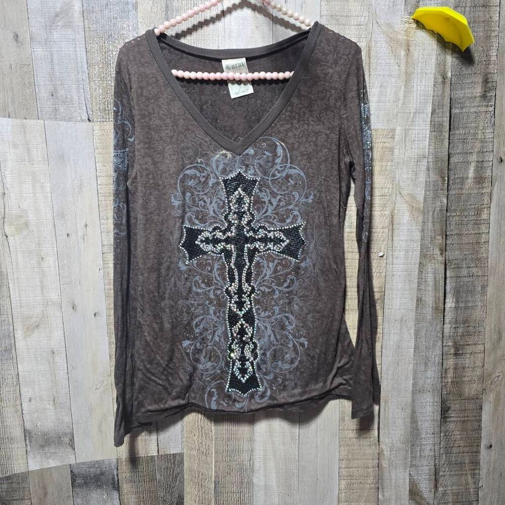 Vocal Vintage Y2K Cross McBling Burnout Tee XL Biker Goth Emo Alt Maximalist